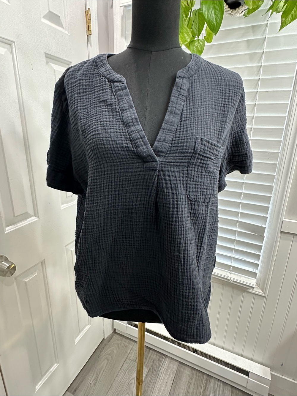 J. Crew Charcoal Textured Short-Sleeve V-Neck Blouse